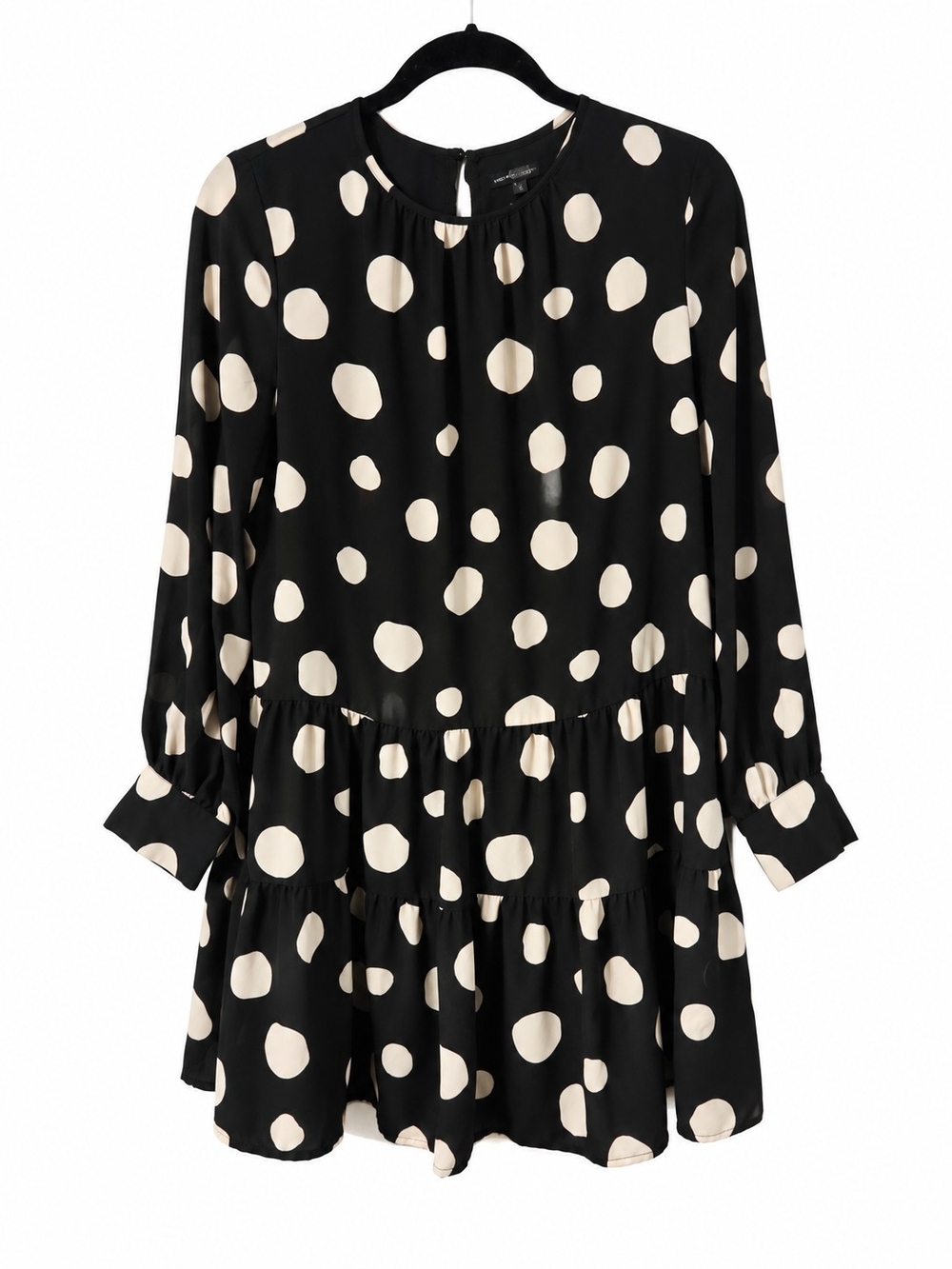 Who What Wear Black and Cream Polka Dot Long Sleeve Tiered Mini Dress